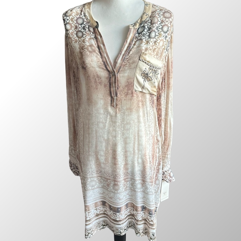 Hale Bob Cream and Brown Patterned Long Sleeve Dress